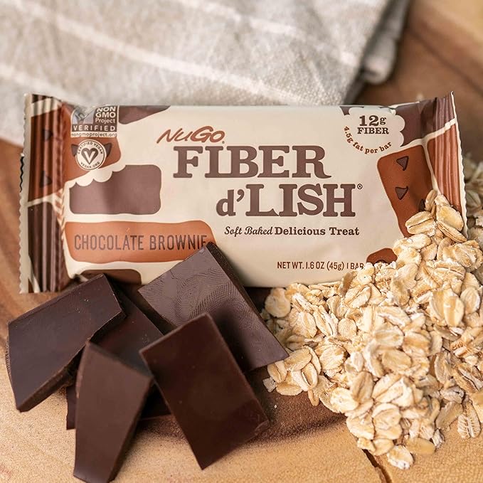 NuGo Fiber d'Lish Chocolate Brownie, 12g High Fiber, Vegan, 150 Calories, 16 Count