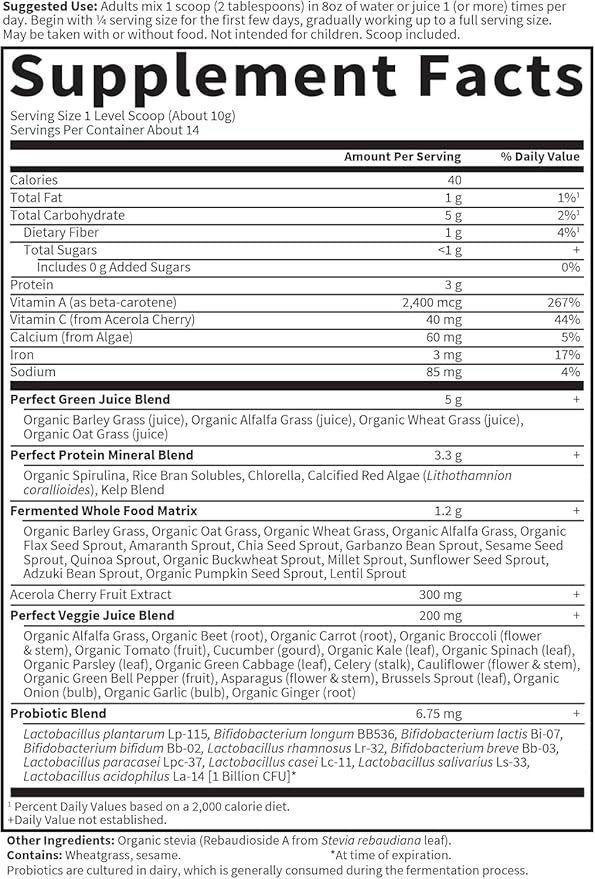 Garden of Life Perfect Food Super Green Formula - 14 Servings | 45 Superfoods, Greens, Fruit & Veggie Juice Superfood Powder Supplement, Probiotics & Organic Spirulina for Digestion & Immune Health