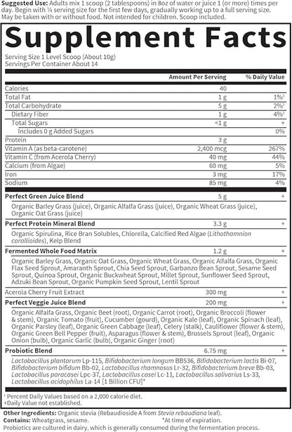 Garden of Life Perfect Food Super Green Formula - 14 Servings | 45 Superfoods, Greens, Fruit & Veggie Juice Superfood Powder Supplement, Probiotics & Organic Spirulina for Digestion & Immune Health
