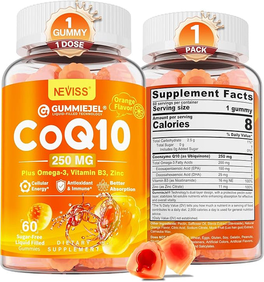 Sugar-Free CoQ10-250mg / 500mg Filled Gummies - Plus Omega-3, EPA + DHA, B3 & Zinc - Ultra Co Q-10 Supplements for Hear-t Health, Cellular Energy, Antioxidant Support, Up to 60 Day Supply, Vegan 60Cts