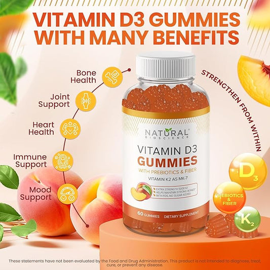 Vitamin D3 10000 IU & Vitamin K2 Gummies - Extra Strength, Sugar-Free, High Absorption - Bone, Joint, Immune, Heart, Brain & Mood Support - Non-GMO, Gluten-Free, Fiber-Based with Prebiotics, 60 Count