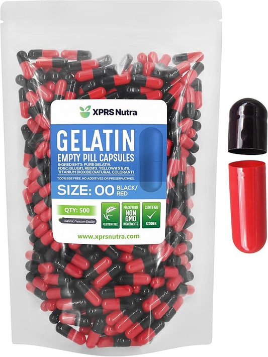 XPRS Nutra Size 00 Empty Capsules - 500 Count Empty Gelatin Capsules - Empty Pill Capsules - DIY Capsule Filling - Fillable Pill Capsules Empty Gel Caps (Black/Red)