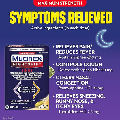 Mucinex Nightshift Sinus, Maximum Strength Powerful 20 Fast