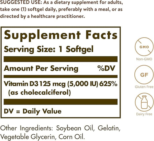 Solgar Vitamin D3 (Cholecalciferol) 125 MCG (5000 IU), 100 Softgels 100 Servings