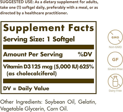 Solgar Vitamin D3 (Cholecalciferol) 125 MCG (5000 IU), 100 Softgels 100 Servings