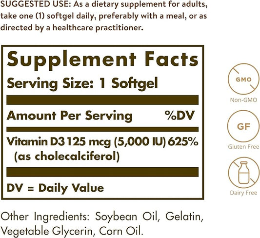 Solgar Vitamin D3 (Cholecalciferol) 125 MCG (5000 IU), 100 Softgels 100 Servings