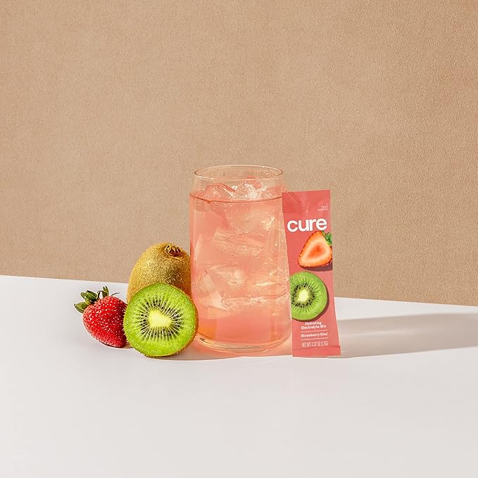 Cure Hydration | Plant-Based Electrolyte Drink Mix | No Added Sugar | FSA & HSA | Dehydration Relief Powder Made with Coconut Water | Non-GMO | Vegan | Box of 8 Packets - Strawberry Kiwi