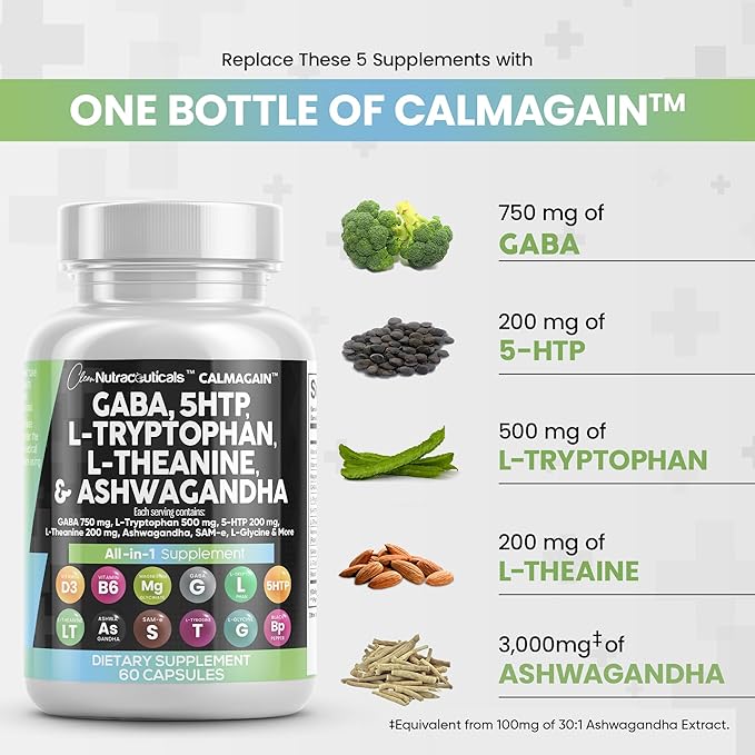 Clean Nutraceuticals GABA 750mg 5 HTP 200mg L 500mg L 200mg Ashwagandha 3000mg SAM-e