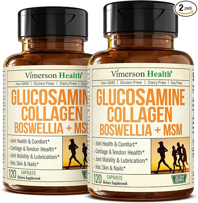 Glucosamine Chondroitin MSM with Collagen Powder. Joint Support Supplement. Bromelain, Quercetin, L-Methionine & Boswellia Extract capsules. Hair Skin and Nails Vitamins. FSA eligible. 2 Pack
