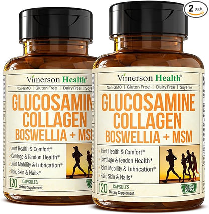 Glucosamine Chondroitin MSM with Collagen Powder. Joint Support Supplement. Bromelain, Quercetin, L-Methionine & Boswellia Extract capsules. Hair Skin and Nails Vitamins. FSA eligible. 2 Pack