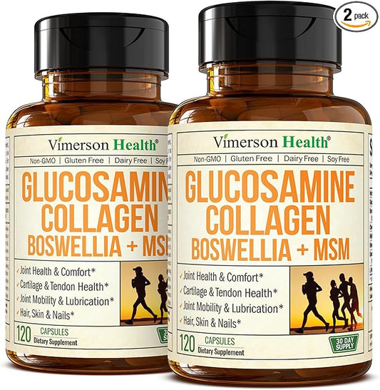 Glucosamine Chondroitin MSM with Collagen Powder. Joint Support Supplement. Bromelain, Quercetin, L-Methionine & Boswellia Extract capsules. Hair Skin and Nails Vitamins. FSA eligible. 2 Pack