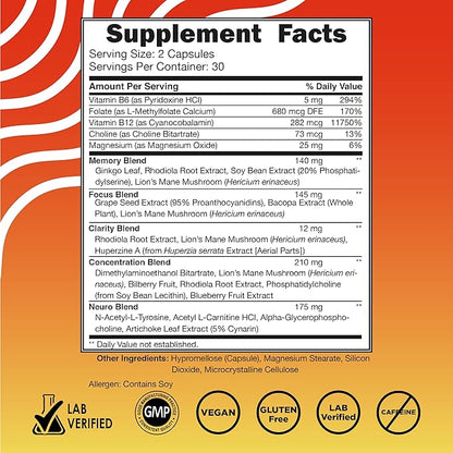 Vital Vitamins Brain Supplements for Memory & Focus - Brain Booster Plus Lion's Mane - Nootropic Brain Health - Memory, Clarity, Energy, Brain Fog - 60 Ct