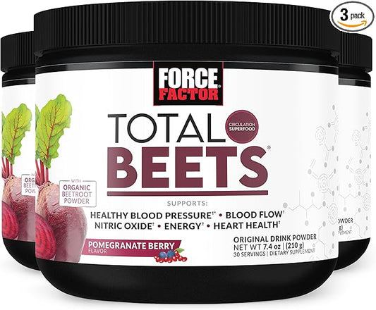 Force Factor Total Beets Drink Mix Superfood Powder with Nitrates to Support Circulation, Nitric Oxide, Energy, Endurance, and Stamina, Cardiovascular Heart Health Supplement, 90 Servings, 3-Pack