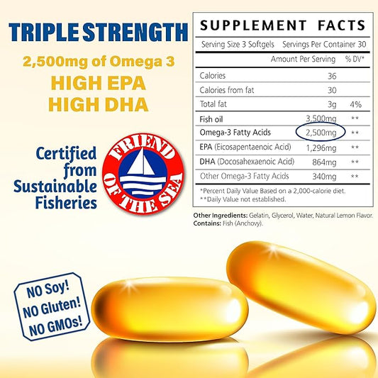 Omega 3 Fatty Acid Supplements. Burpless 3000mg High 3 Supplements 3 Capsules.
