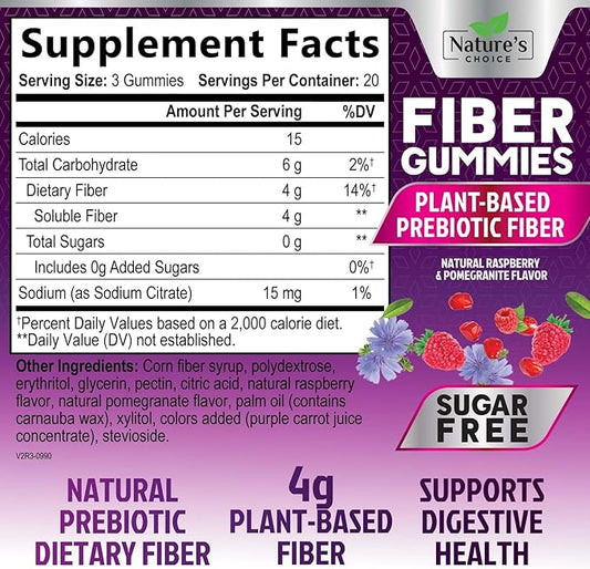 Sugar Free Fiber Gummies for Adults, Daily Prebiotic Natural Soluble Fiber Supplement & Digestive Health Support - Regularity & Digestion Health Support, Plant Based Berry Flavor - 60 Gummies