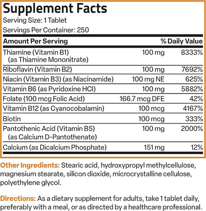 Bronson Super B 100 Vitamin B B1, B2, B2, B3, B3, B6, B6, B9 B9 - B12) Supports 250 Tablets