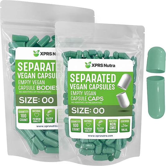 XPRS Nutra Vegan Size 00 Separated Capsules - 100 Count Premium Empty Capsules Separated in Bags - Separated Empty 00 Capsules - Pill Capsules Empty for DIY Supplement Filling (Sage Green)