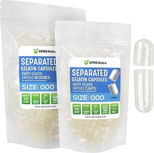 XPRS Nutra Separated Capsules Size 000-500 Count Large Empty Gelatin Capsules Separated in Bags - Premium Clear Empty Capsules - Empty 000 Capsules - Pill Capsules Empty for DIY Supplement Filling