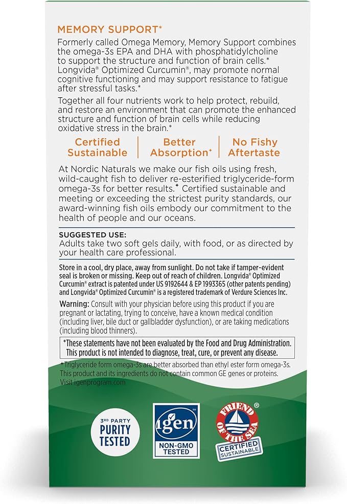 Nordic Naturals Omega Memory with Curcumin, Lemon - 60 Soft Gels - 1000 mg Omega-3 + 400 mg Optimized Curcumin - Memory, Cognition - Contains Phosphatidylcholine & Huperzine A - Non-GMO - 30 Servings