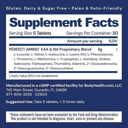 BodyHealth PerfectAmino Tablets (150 ct), Essential Amino Acid with BCAAs + Lysine, Phenylalanine, Threonine, Methionine, Tryptophan, Supplement for Muscle Mass Production, Recovery & Strength