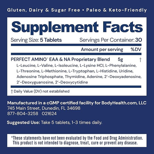BodyHealth PerfectAmino Tablets (150 ct), Essential Amino Acid with BCAAs + Lysine, Phenylalanine, Threonine, Methionine, Tryptophan, Supplement for Muscle Mass Production, Recovery & Strength