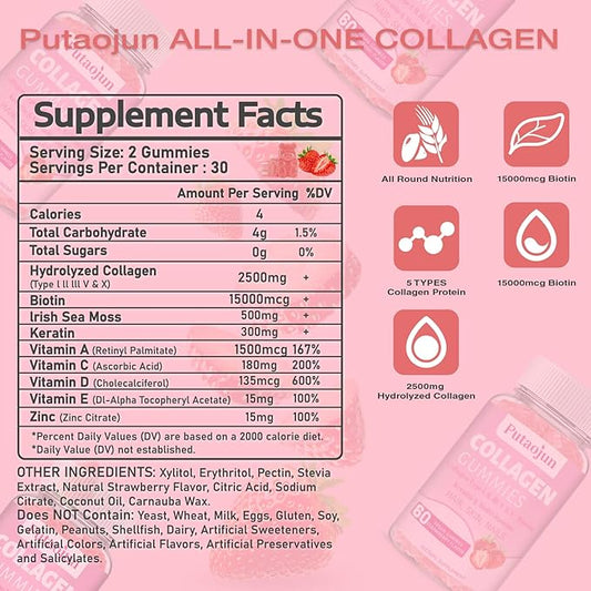 Collagen Gummies. Sugar Free 2500mg Hydrolyzed Collagen,15000mcg Boltin, 500mg Lrish 300mg Keratin,1500mcg Keratin,1500mcg Vitamin 180mg Vitamin 135mcg Vitamin 15mg Vitamin 15mg Zinc