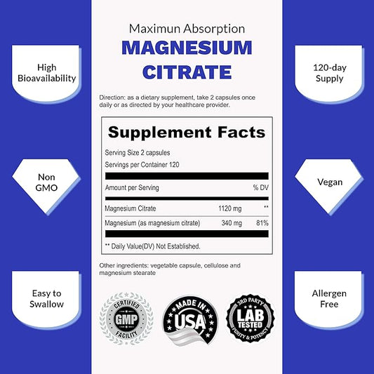 UpNourish Pure Magnesium Citrate (Citrato de Magnesio) 1120mg, 240 Capsules - High Absorption Magnesium Supplement for Women & Men - Natural Calm Magnesium for Constipation, Relax, Cramp Defense