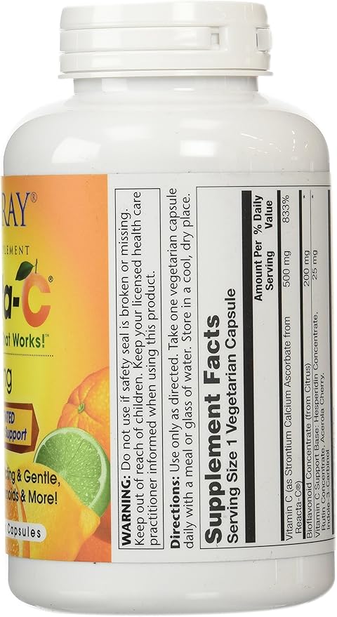 SOLARAY Reacta-C with Vitamin C 500mg 200mg Bioflavonoid 24 Hour 180 Capsules, 180 Servings
