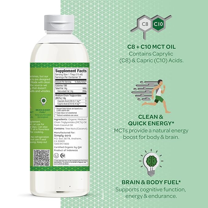 Simply as-is | Organic MCT Oil C8 & C10 | Unflavored | 100% from Non-GMO Coconuts | Perfect for Morning Coffee | Quick Clean Energy | 16 fl oz