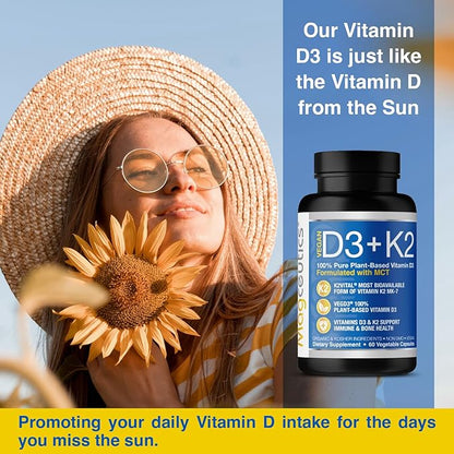 Vitamin D3 K2 with MCT, 5000 D3 & 100 mcg MK7 K2, K2, Support 60 Capsules (60 Days