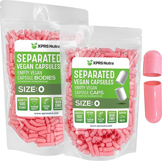 XPRS Nutra Vegan Size 0 Separated Capsules - 500 Count Premium Empty Capsules Separated in Bags - Separated Empty 0 Capsules - Pill Capsules Empty for DIY Supplement Filling (Pink)