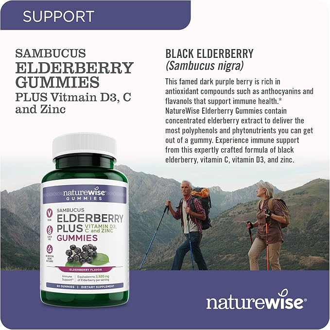 NatureWise Sambucus Elderberry Gummies - Immune Support Supplement for Kids Ages 4+ & Adults with Vitamin C, D3, Zinc - Elderberries Equivalent to 3520mg - Vegan, Non-GMO - 60 Count[30-Day Supply]