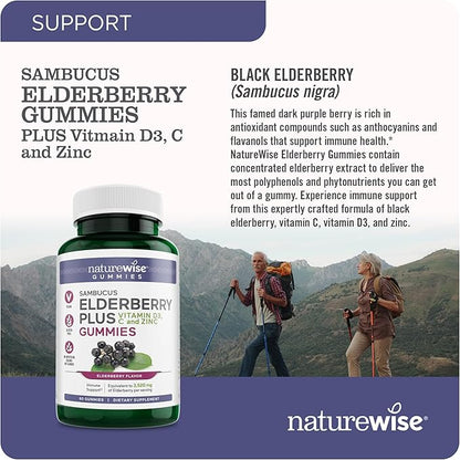 NatureWise Sambucus Elderberry Gummies - Immune Support Supplement for Kids Ages 4+ & Adults with Vitamin C, D3, Zinc - Elderberries Equivalent to 3520mg - Vegan, Non-GMO - 60 Count[30-Day Supply]