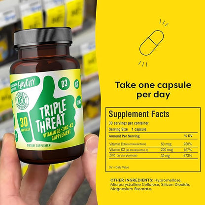 FlavCity Vitamin D Supplement, Triple Threat 3-in-1 Dietary D3, Zinc K2 for 30 Capsules
