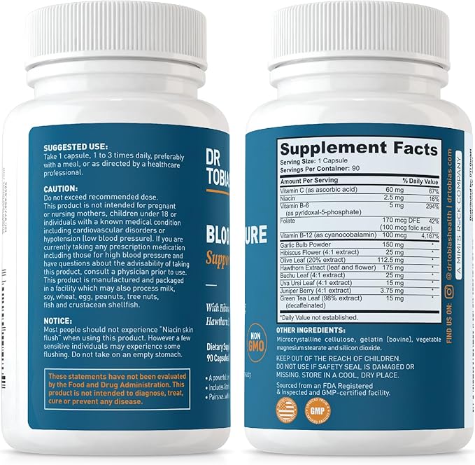 Dr. Tobias Blood Pressure Support Supplement B6, B12, B12, Niacin, 90 Capsules