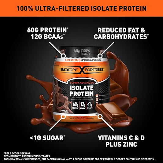Body Fortress Super Advanced 100% Ultra-Filtered 60g Protein 12g BCAAs 2 Scoops, 1.5lbs