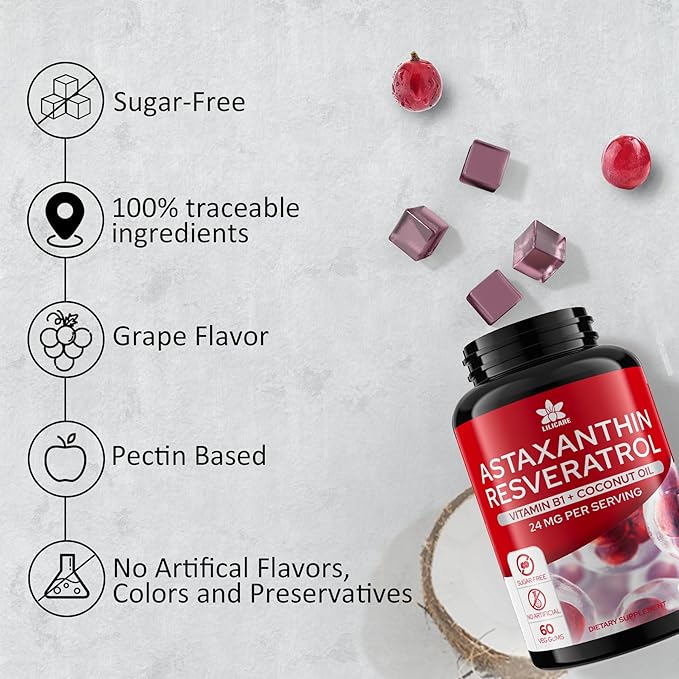 Sugar-Free Astaxanthin 24mg Gummies with Resveratrol 500mg, Powerful B1, Coconut 60 Count,