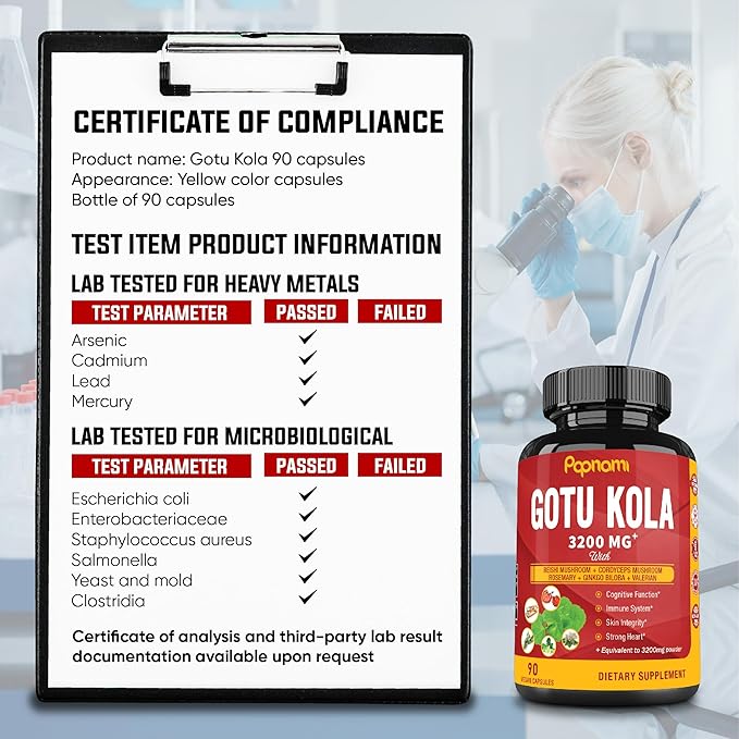 Organic Gotu Kola Extract Capsules 3200Mg with 90 Counts 3 Months