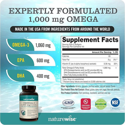 NatureWise High-Potency 1000mg Omega 3 600mg EPA, 400mg DHA, D3 5000iu 5000iu (125 (125 mcg) 1 Year