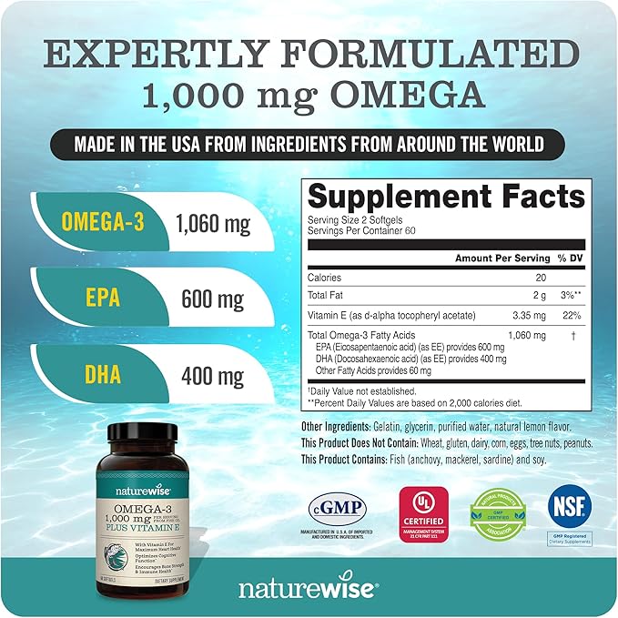 NatureWise High-Potency 1000mg Omega 3 600mg EPA, 400mg DHA, D3 5000iu 5000iu (125 (125 mcg)