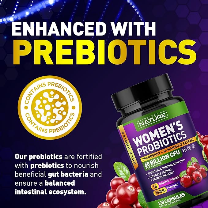 Probiotics for Women - 60 Billion CFUs, 16 Strains, with Cranberry, D-Mannose & Prebiotics - Supports Digestive, Immune, & Vaginal Health - Non-GMO, Dairy & Gluten-Free - 120 Veggie Capsules
