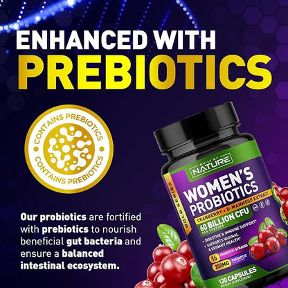 Probiotics for Women - 60 Billion CFUs, 16 Strains, with Cranberry, D-Mannose & Prebiotics - Supports Digestive, Immune, & Vaginal Health - Non-GMO, Dairy & Gluten-Free - 120 Veggie Capsules