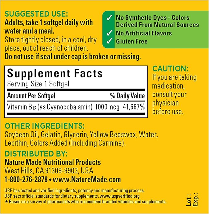 Nature Made Vitamin B12 1000 mcg, 90 Softgels, 90 Day