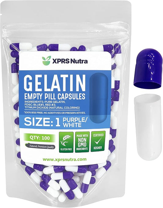 XPRS Nutra Size 1 Empty Capsules - 100 Count Empty Gelatin Capsules - Empty Pill Capsules - DIY Capsule Filling - Pure Bovine Pill Capsules Empty Gel Caps (Purple/White)