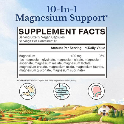 Vitalitown 10 in 1 Magnesium Complex Supplement - 400mg Elemental Magnesium Chelated with Glycinate, Citrate, Malate, Taurate & More - Magnesium for Sleep Muscle Heart Energy - Non-GMO, Vegan, 90 Caps