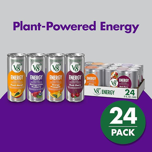 V8 +Energy Black Cherry and Pomegranate Blueberry Juice Energy Drinks, 8 fl oz Can (24 Pack)