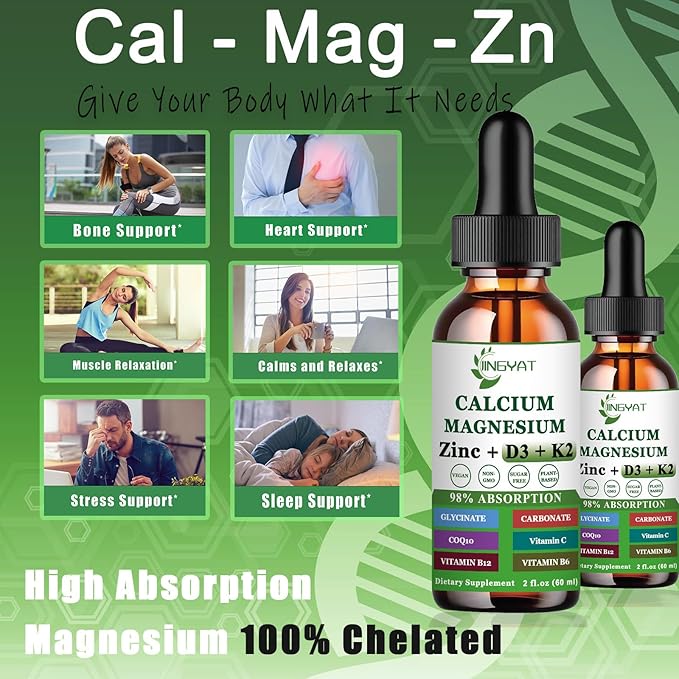 Calcium Magnesium Zinc Liquid Drops, Liquid 500mg Calcium 1000mg with D3,K2,B6,B12,Coq10 for Function,6X Stronger