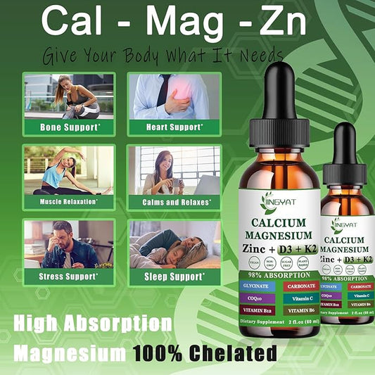 Calcium Magnesium Zinc Liquid Drops, Liquid 500mg Calcium 1000mg with D3,K2,B6,B12,Coq10 for Function,6X Stronger