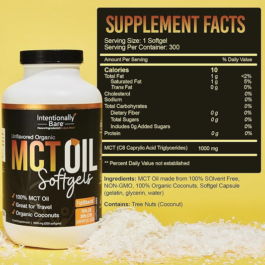 Intentionally Bare Organic MCT Oil Capsules - 70% C8 MCT Oil & 30% C10 MCT Capsules Unflavored for Keto Low Carb and Paleo Diet - MCT Oil C8 & C10 for Energy Mood & Focus - Non-GMO 300 Softgels