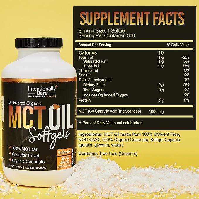Intentionally Bare Organic MCT Oil Capsules - 70% C8 MCT Oil & 30% C10 MCT Capsules Unflavored for Keto Low Carb and Paleo Diet - MCT Oil C8 & C10 for Energy Mood & Focus - Non-GMO 300 Softgels